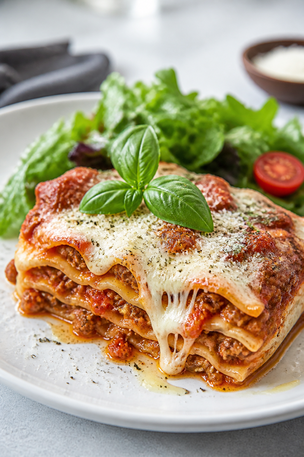 Final plated dish, restaurant-quality: Beautifully plated slice of Ground Turkey Italian Parmesan Ba
