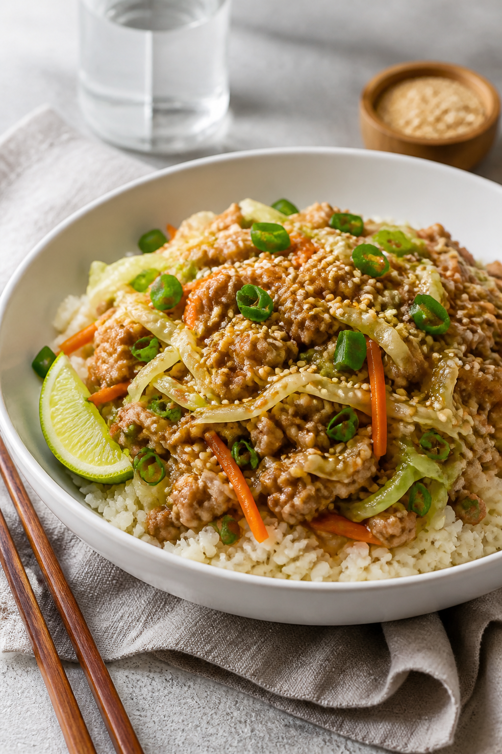 Final plated dish: Restaurant-quality bowl of Keto Ground Turkey Egg Roll in a Bowl, heaped in a wid