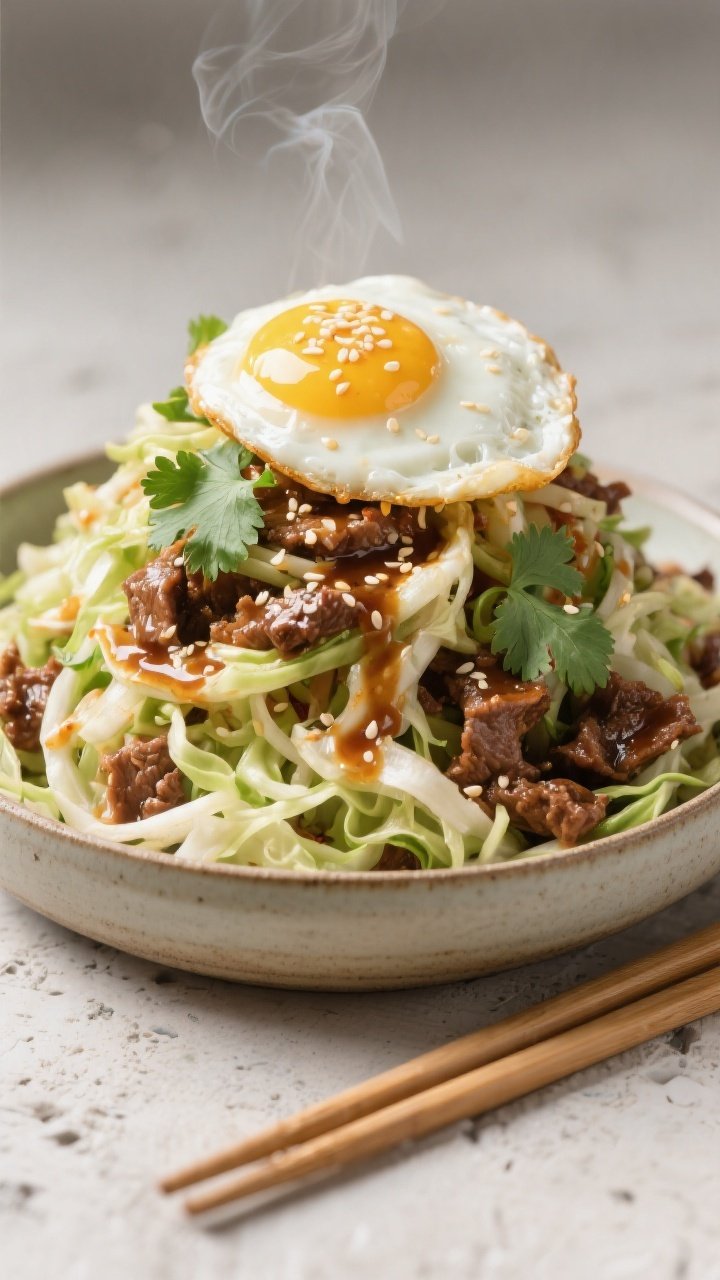 Final plated dish: Restaurant-quality bowl of keto crack slaw heaped high, topped with a soft-fried 