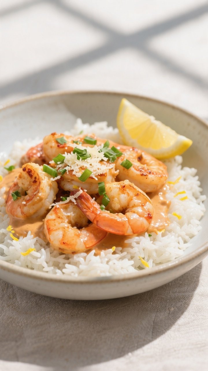Final plated dish, restaurant-quality: Creamy Cajun Shrimp bowl plated over fluffy white rice with l