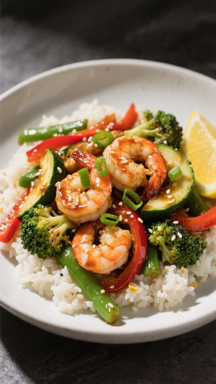 Final plated dish, restaurant-quality: Keto Garlic Shrimp Stir Fry piled over fluffy cauliflower ric