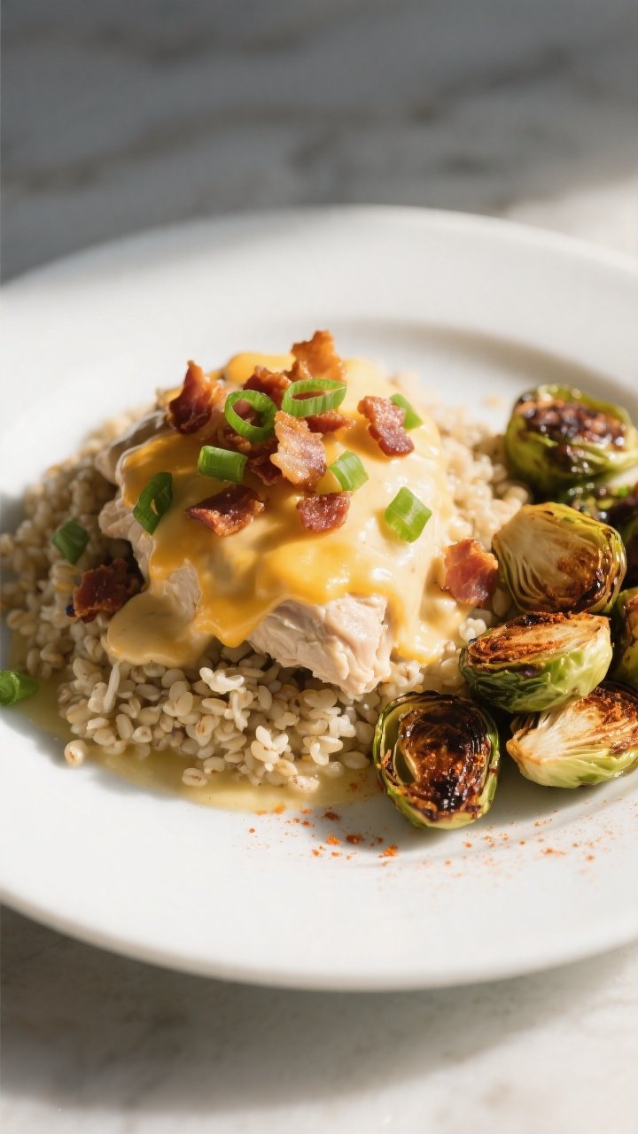 Final plated dish — Restaurant-quality presentation: Beautifully plated crack chicken over quinoa 