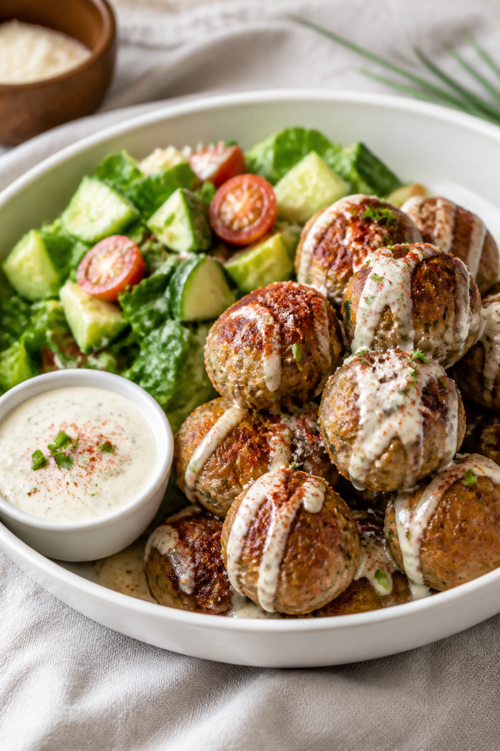 Final plated dish: Restaurant-quality presentation of keto bacon ranch meatballs stacked in a shallo