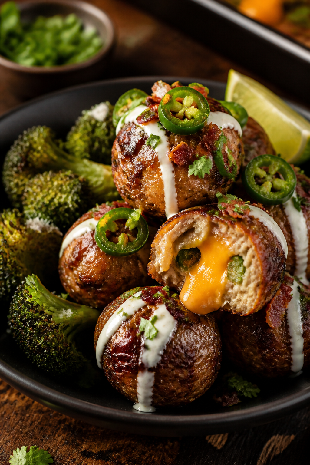 Final plated dish, restaurant-quality presentation: Keto Jalapeño Popper Meatballs stacked in a sha