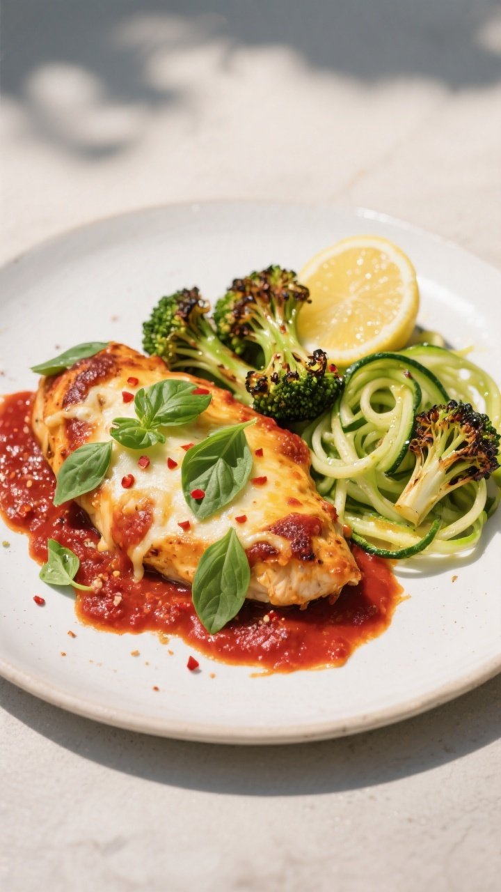 Final plated dish: Restaurant-quality presentation of Keto Pizza Chicken meal prep—one saucy, chee