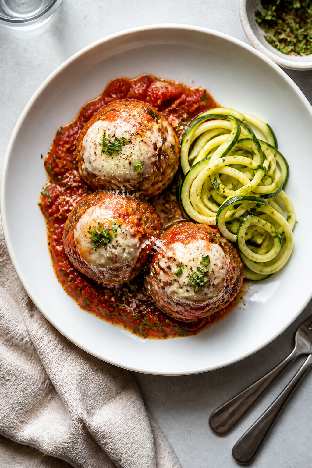 Final plated dish: Restaurant-quality presentation of Keto Meatball Casserole served in a wide, shal