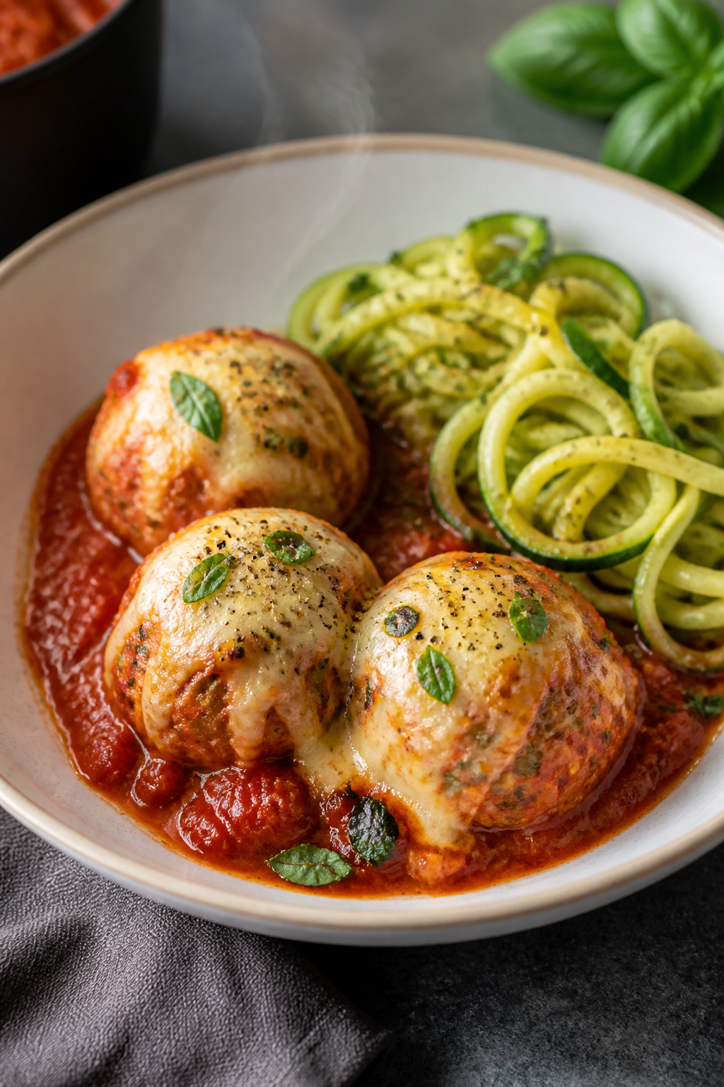 Final plated dish: Restaurant-quality presentation of Keto Meatball Parmesan Bake served in a shallo