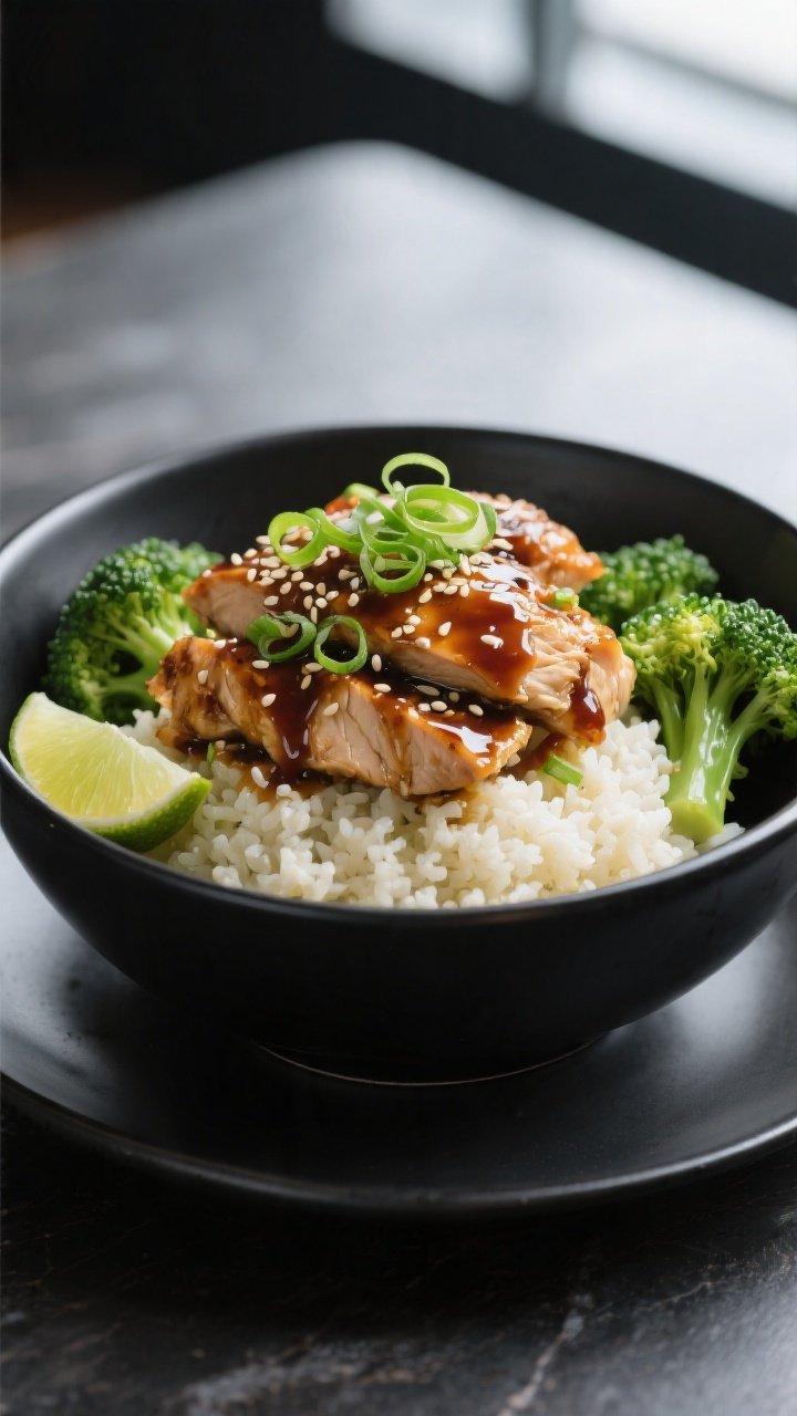 Final plated dish: Restaurant-quality presentation of Keto Teriyaki Chicken Bowl on a matte black pl