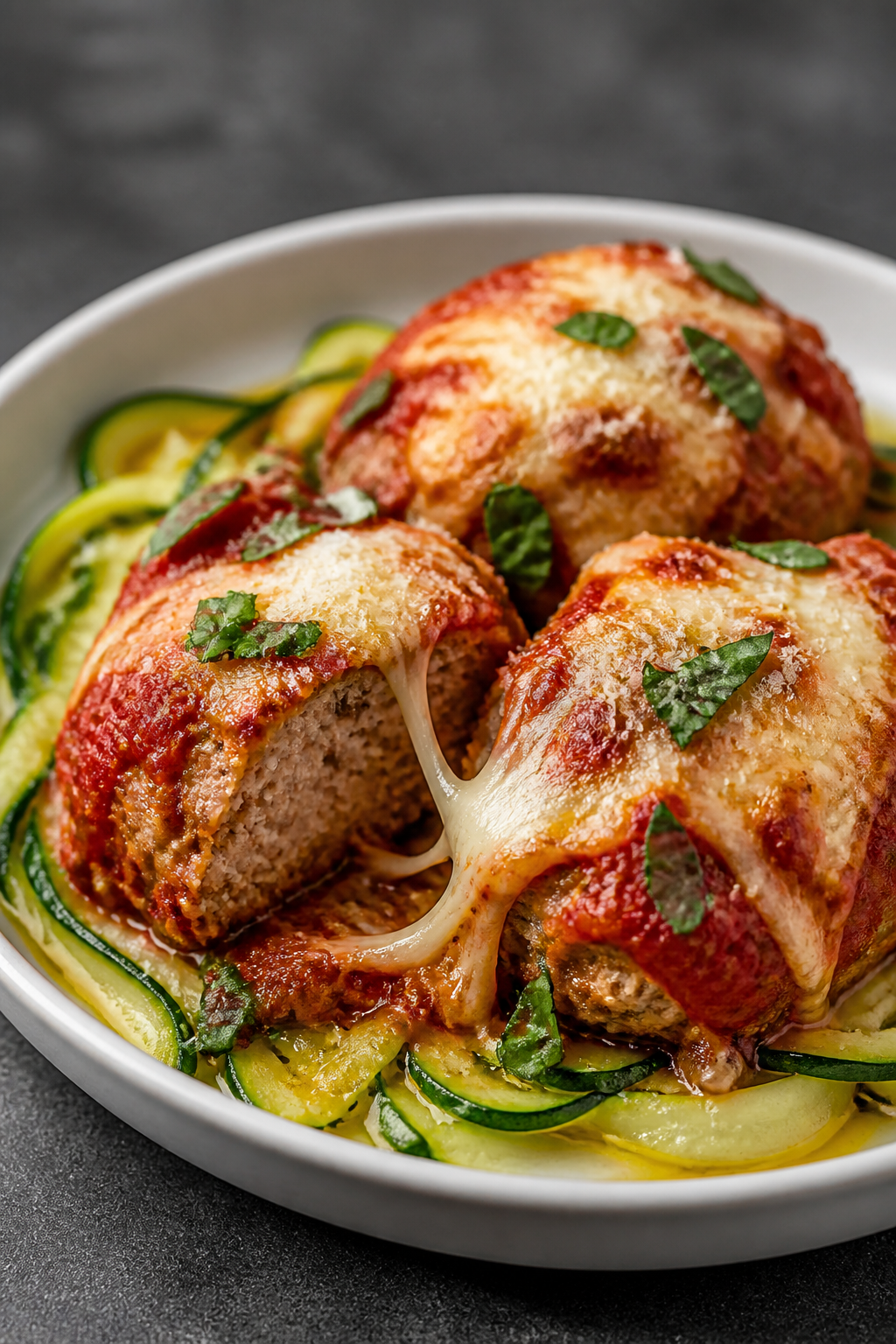 Final plated dish: Restaurant-quality presentation of Keto Turkey Meatball Bake served in a shallow