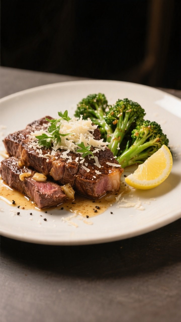Final plated dish, restaurant-quality presentation: Garlic Parmesan Steak & Broccoli arranged on a w