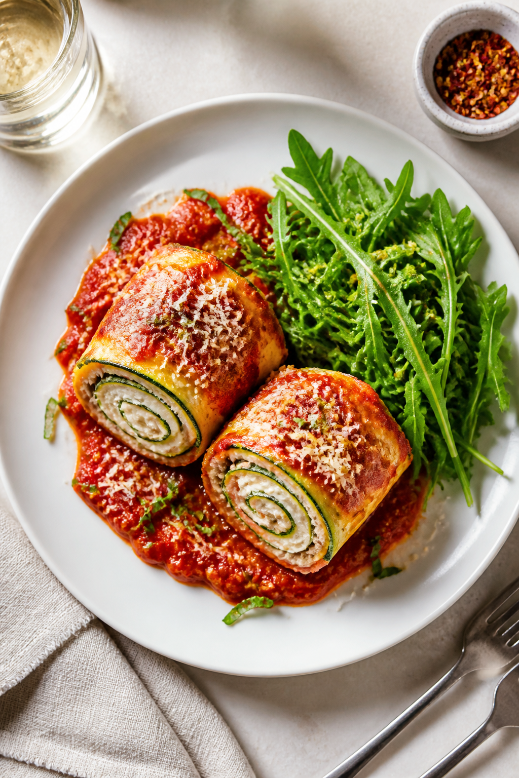 Final plated dish: Restaurant-quality presentation of two keto turkey lasagna roll ups on a matte wh