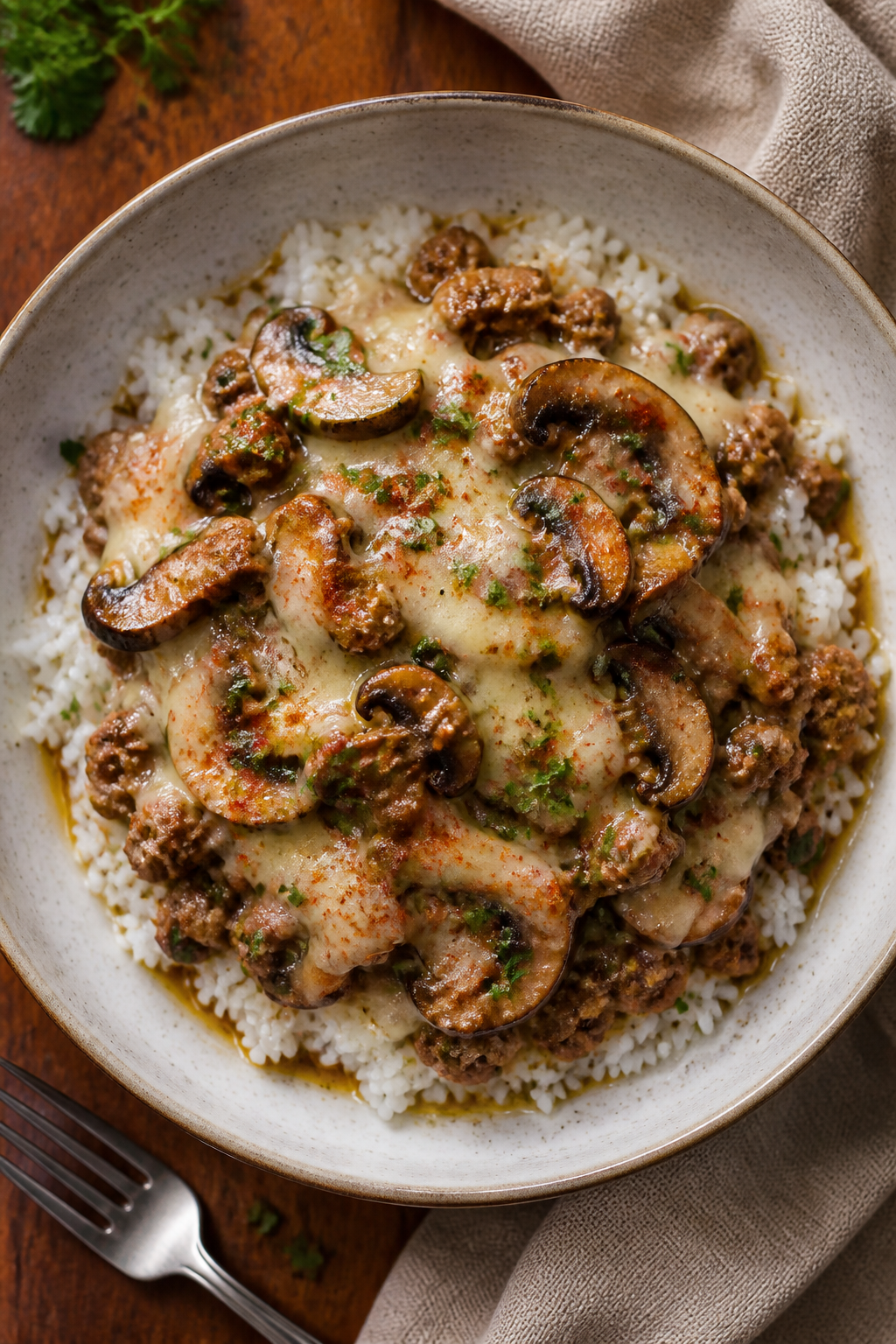 Final plated dish: Restaurant-quality presentation of Ground Turkey Mushroom Swiss Skillet spooned o