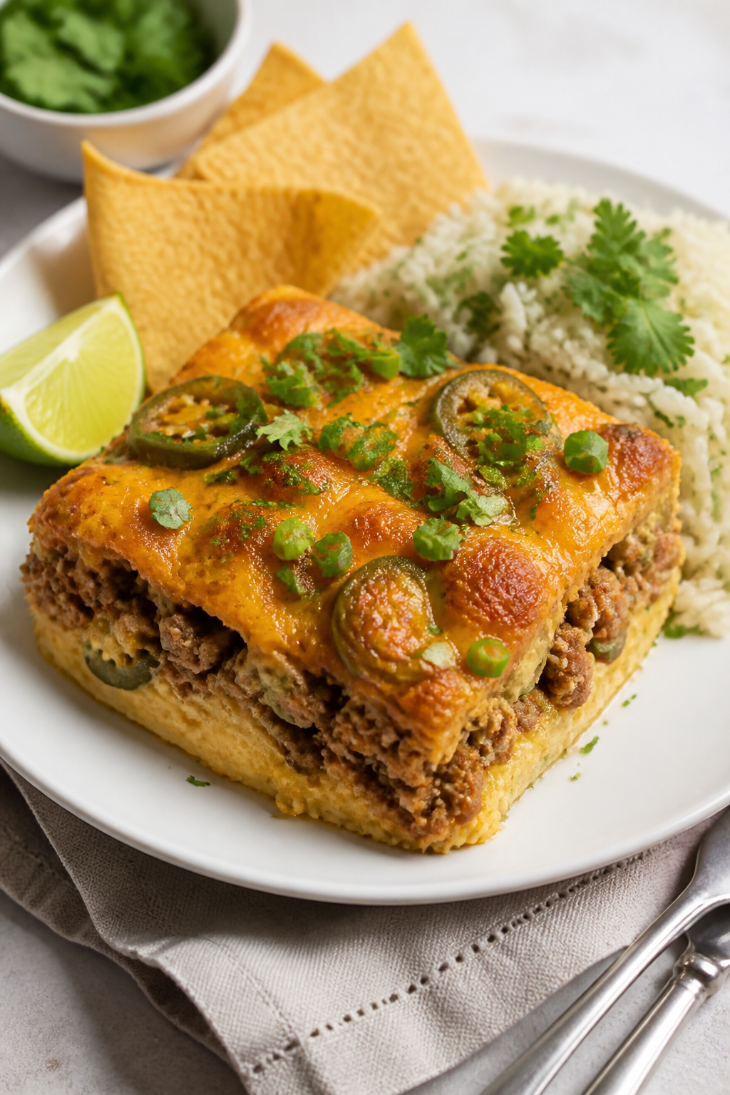 Final plated dish: Restaurant-quality presentation of a generous square of Cheesy Ground Turkey Jala