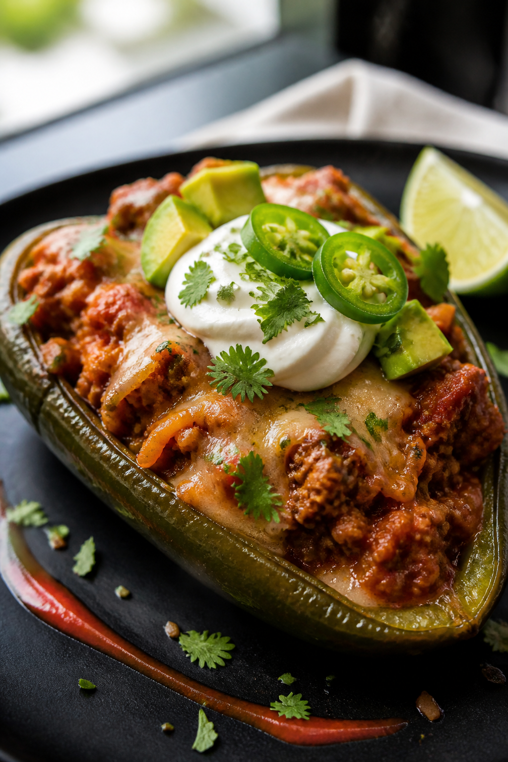 Final plated dish: Restaurant-quality presentation of a single stuffed pepper on a matte black plate
