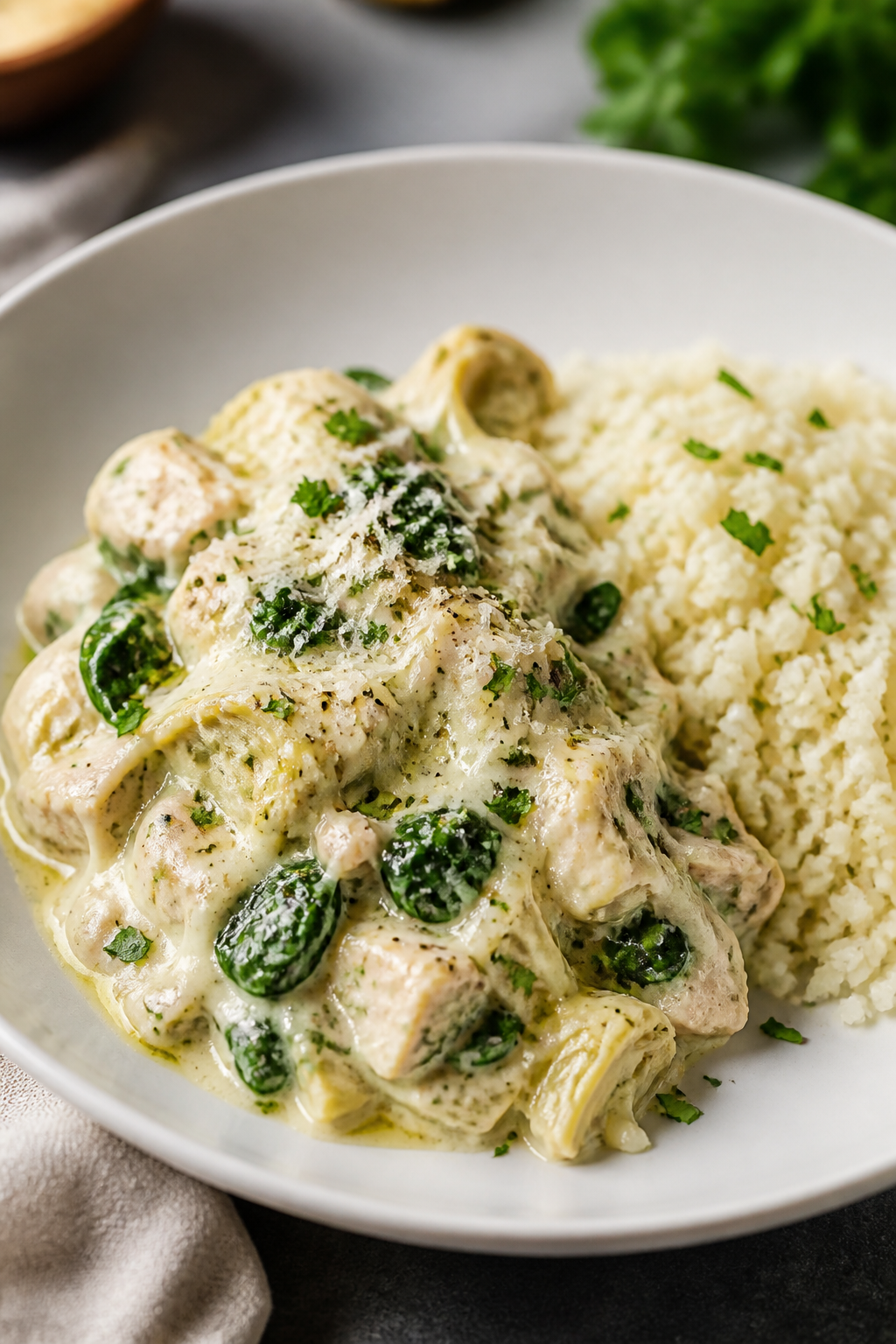 Final plated dish: Restaurant-quality presentation of a generous scoop of the creamy turkey spinach