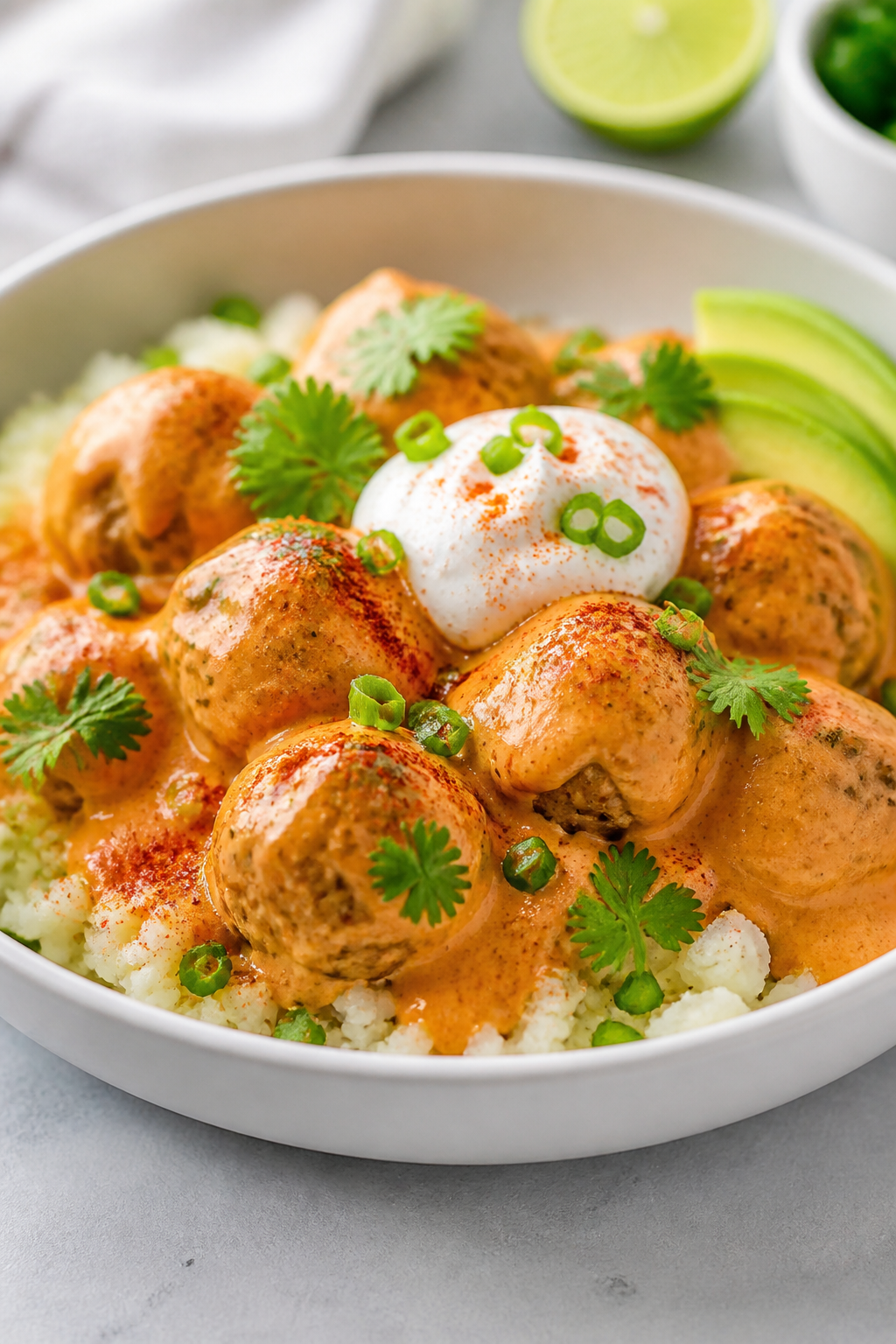 Final plated dish, restaurant-quality presentation: Creamy taco meatballs spooned over fluffy caulif