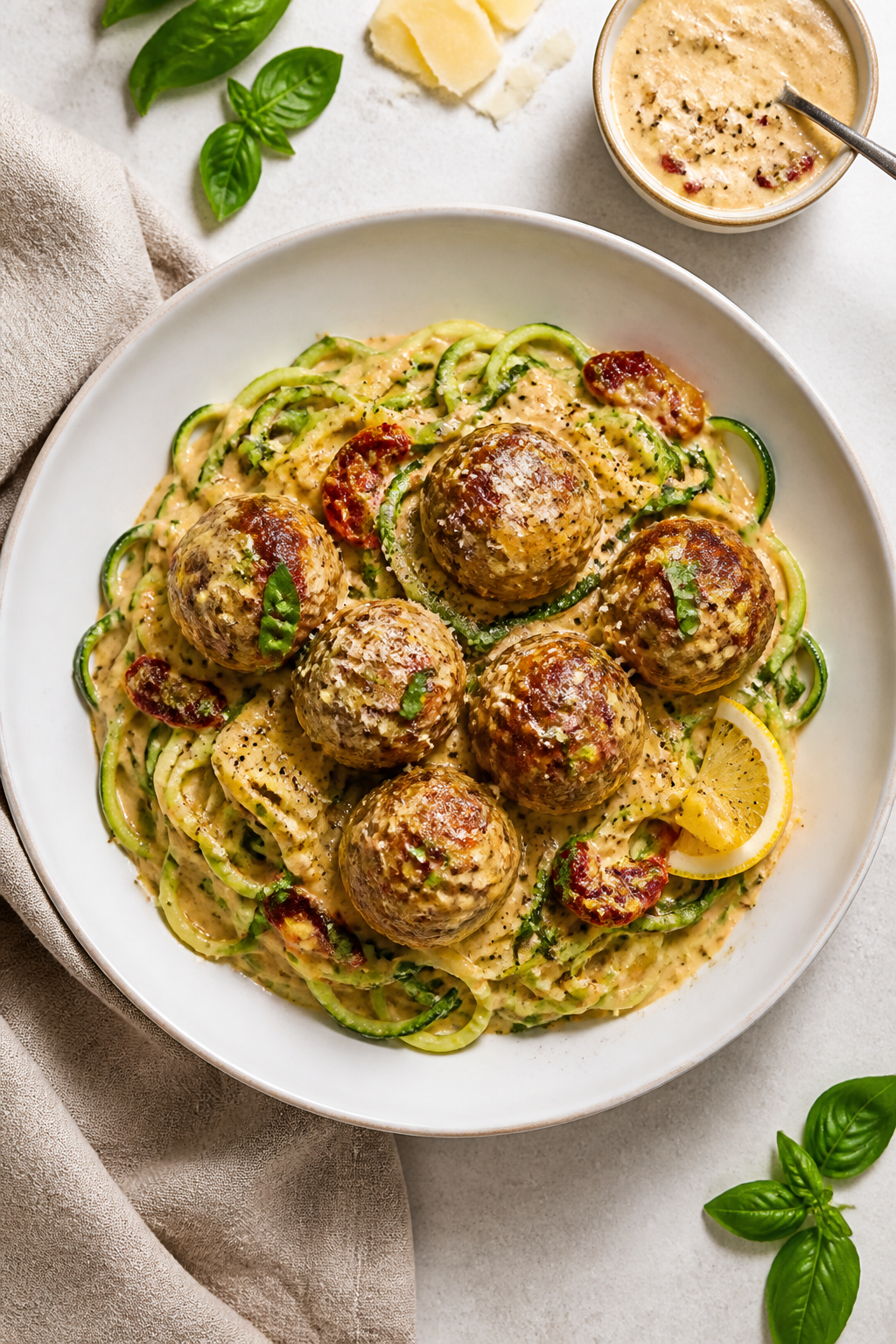 Final plated dish: Restaurant-quality presentation of Keto Marry Me Meatballs over twirled zucchini 