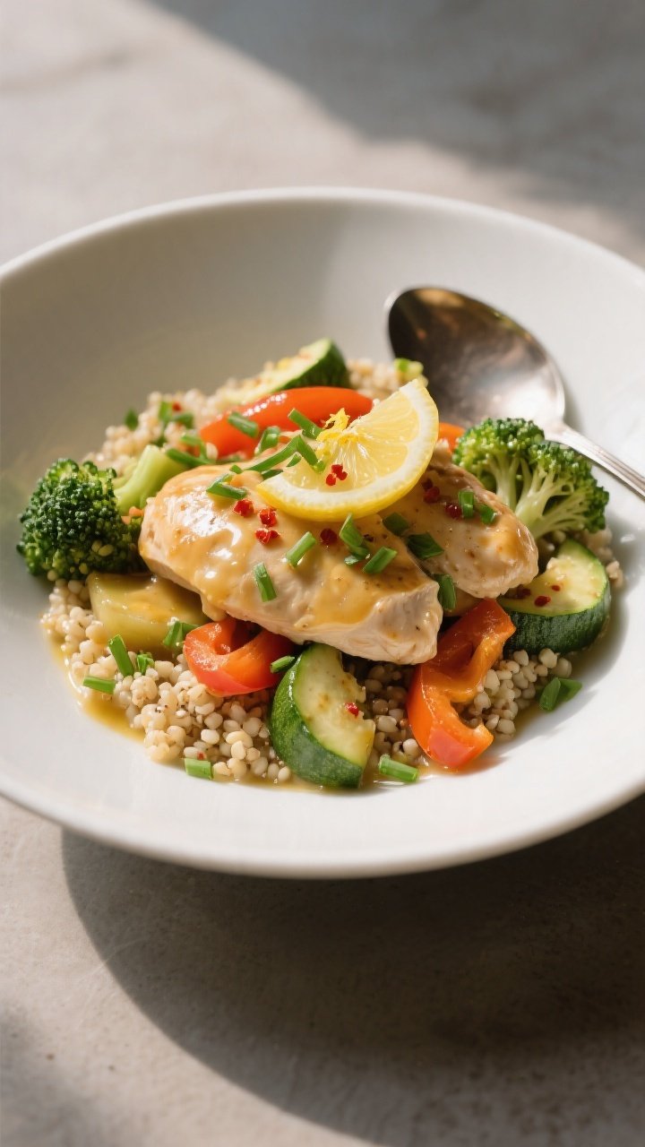 Final plated dish: Restaurant-quality presentation of Garlic Butter Chicken Bowl served in a wide, s