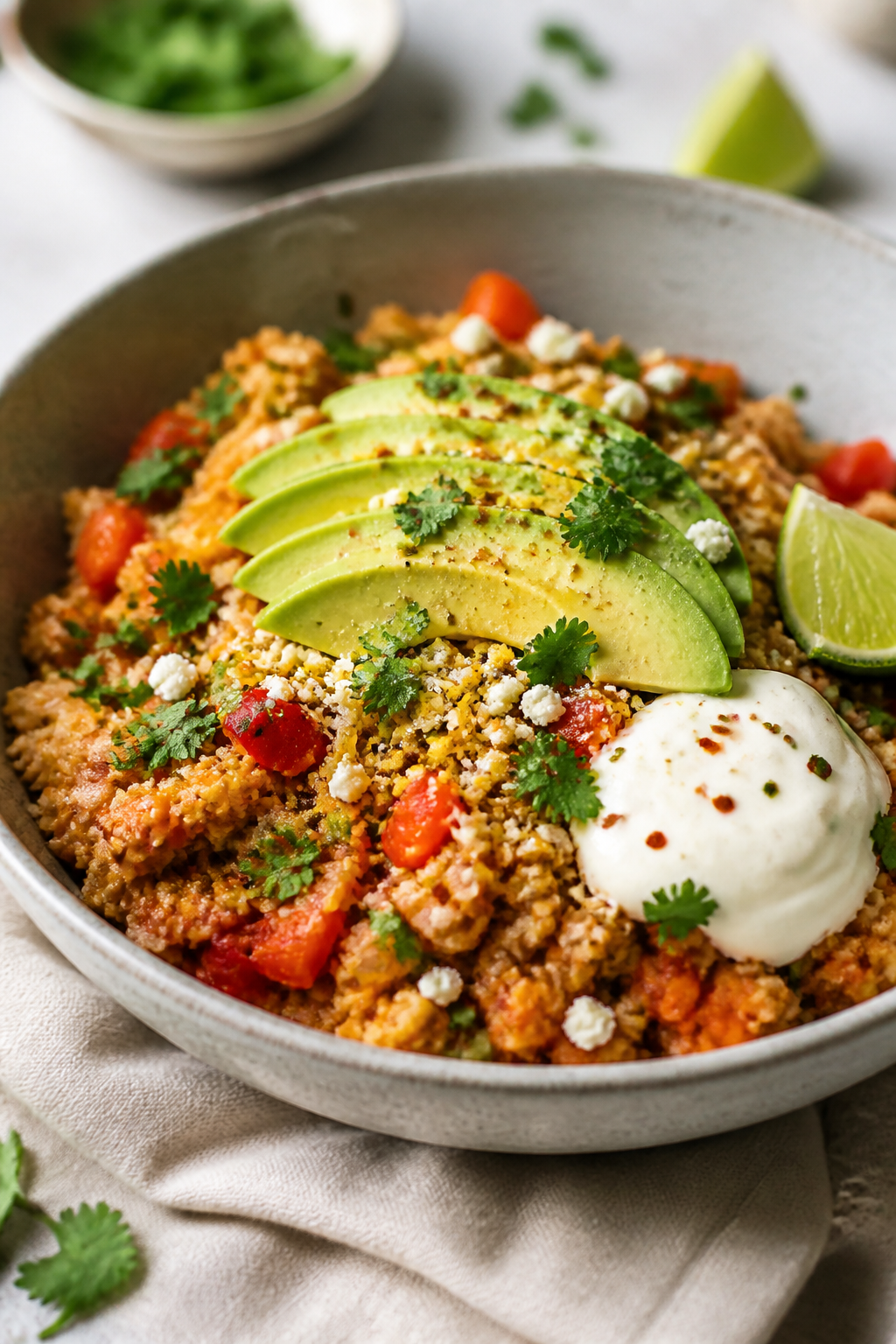 Final plated dish, restaurant-style presentation: Beautifully plated bowl of Ground Turkey Mexican C