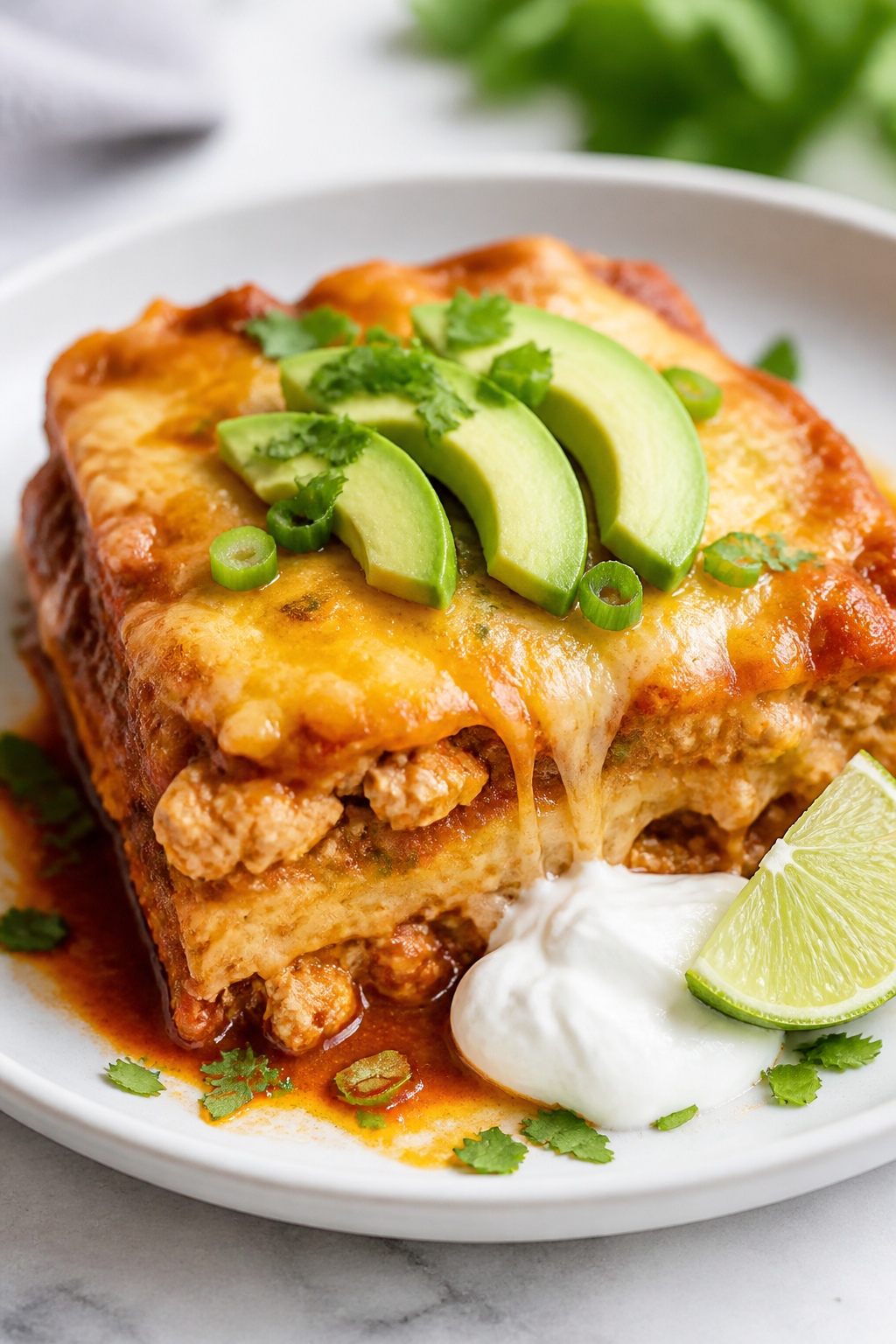 Final plated hero: A golden, bubbly square of keto ground turkey enchilada casserole on a matte whit