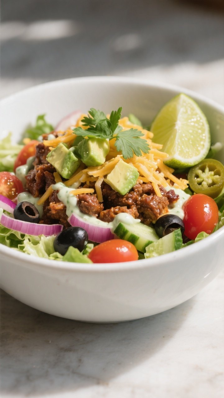 Final plated hero: Beautifully assembled keto loaded taco bowl in a wide, low white bowl; layers of 