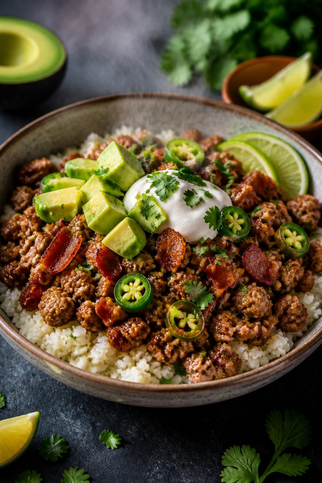 Final plated hero: Beautifully plated Ground Turkey Bacon Jalapeño Bowl on cauliflower rice, ultra-
