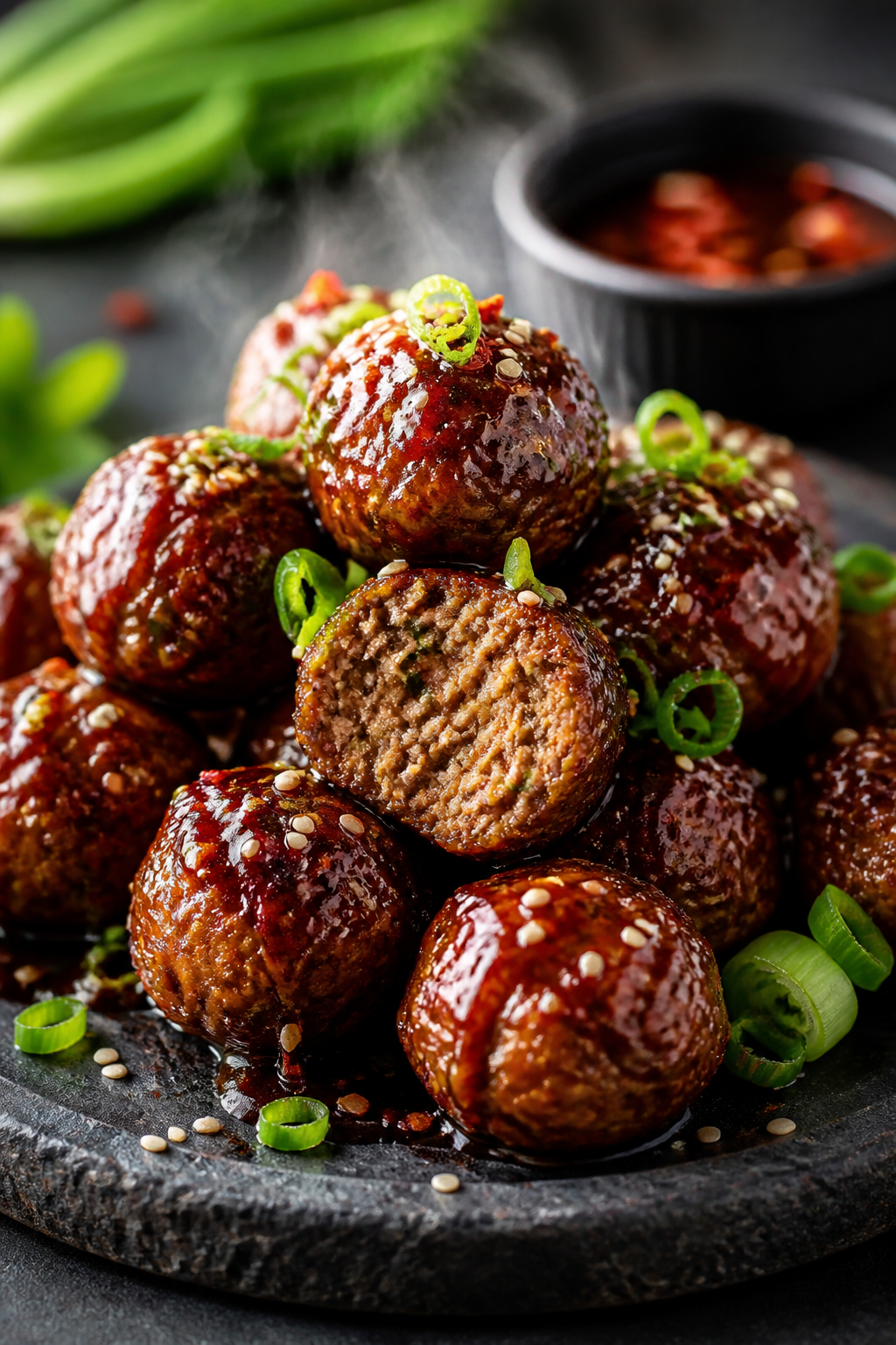 Final plated hero: Beautifully plated Keto Honey Garlic Meatballs on a dark slate plate, stacked for