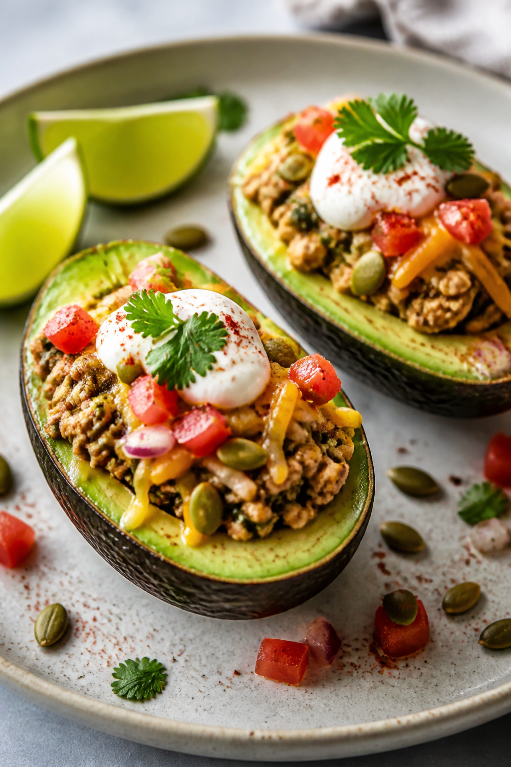 Final plated hero: Beautifully plated Keto Turkey Taco Stuffed Avocados on a speckled stoneware plat