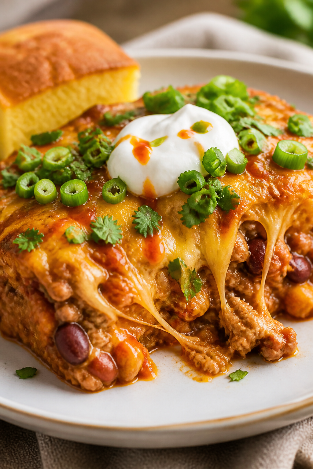 Final plated hero, close-up detail: Golden, bubbly turkey chili cheese bake fresh from the oven with