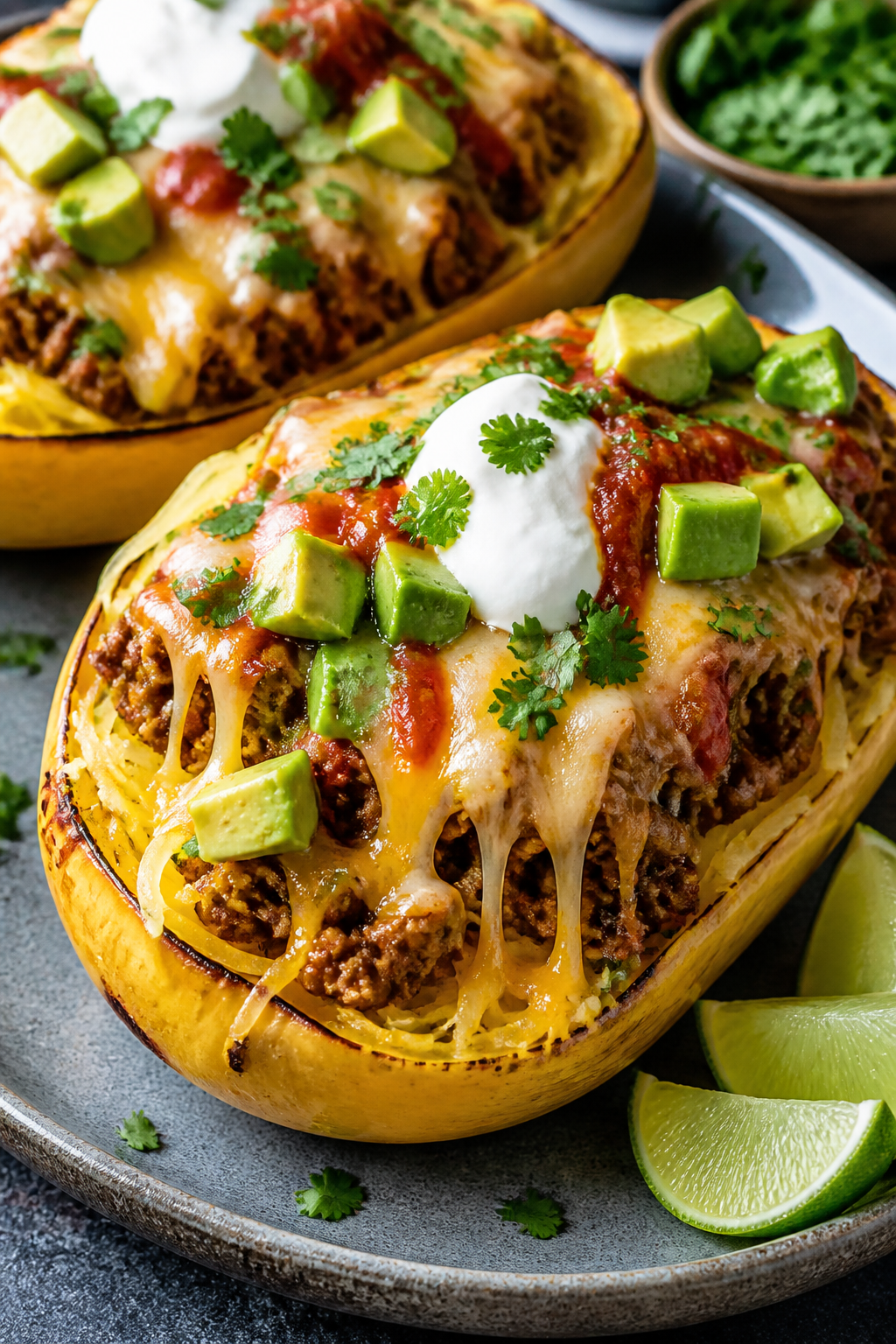 Final plated hero: Keto Turkey Taco Spaghetti Squash Boats fresh from the oven on a matte ceramic pl