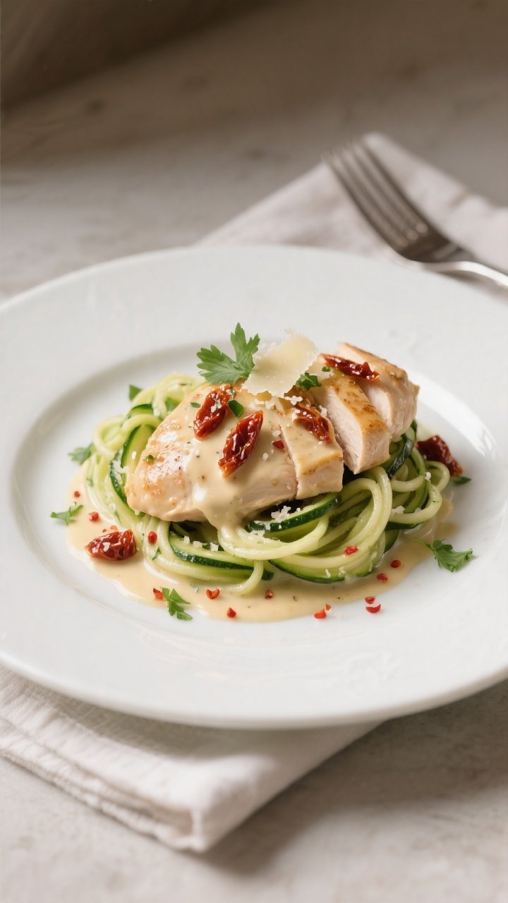 Final plated hero, restaurant-quality: Beautifully plated Low Carb Marry Me Chicken on a wide white 