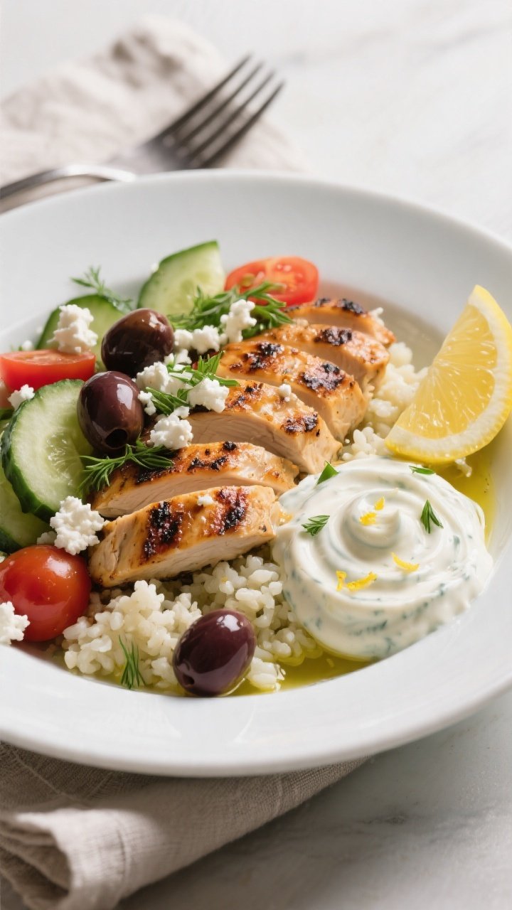 Final plated hero: Restaurant-quality presentation of a Greek chicken bowl in a wide shallow white b