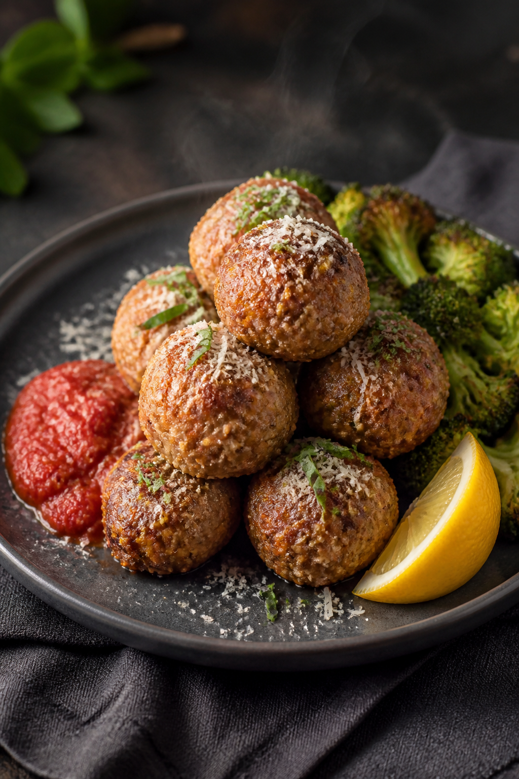 Final plated hero: Restaurant-quality presentation of Keto Parmesan Crusted Meatballs (no sauce on t