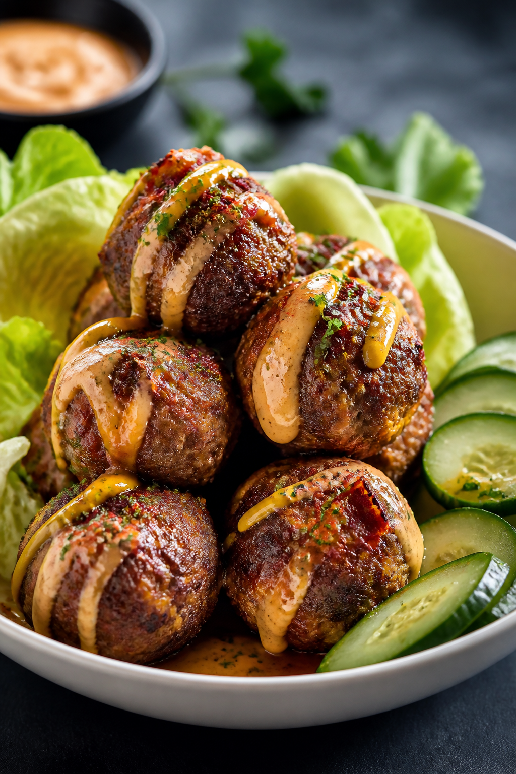 Final plated hero shot: Restaurant-quality presentation of 6 bacon cheeseburger meatballs stacked in