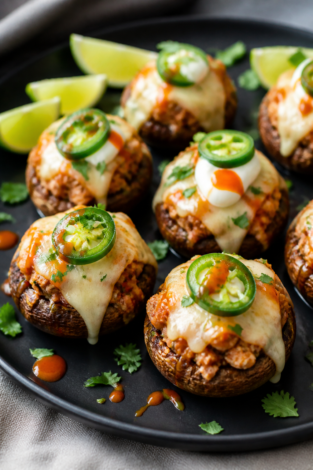 Final plated hero shot: Restaurant-quality presentation of Keto Turkey Taco Stuffed Mushrooms arrang