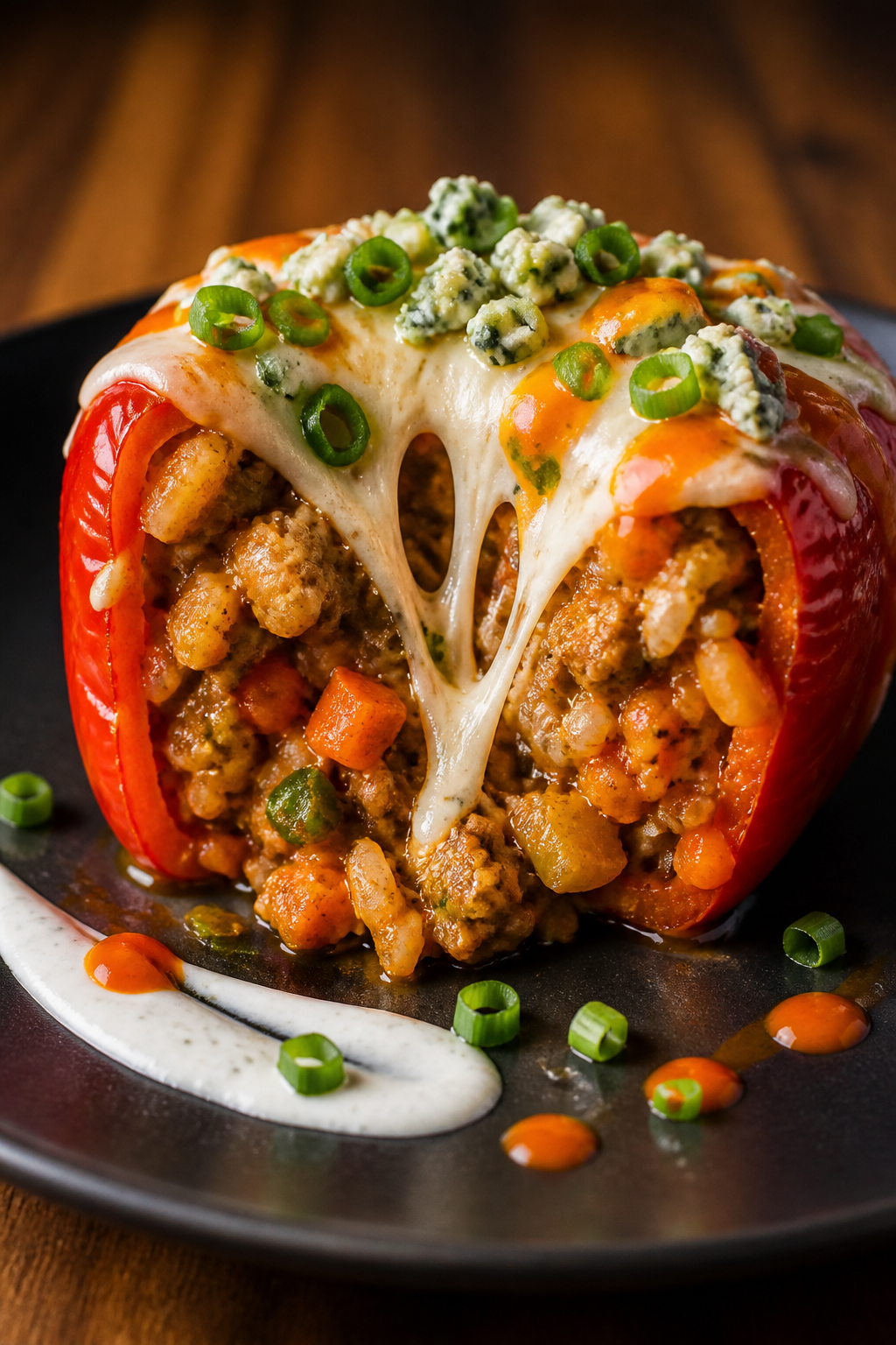 Final plated hero shot: Single buffalo turkey stuffed pepper plated on a matte charcoal plate, cut o