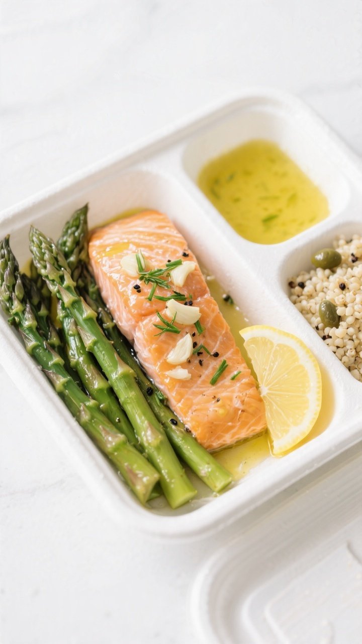 Final plated meal-prep presentation: Beautifully arranged meal prep container set—of one open cont