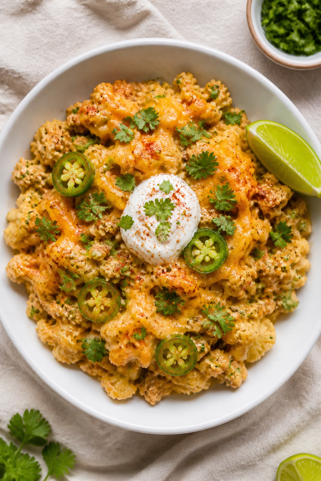 Final plated overhead: Keto Turkey Taco Mac & Cheese served in a wide, shallow white bowl; showing w