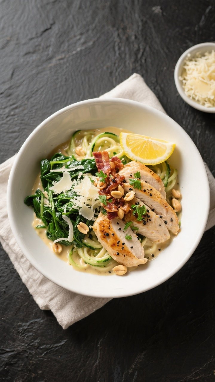Final plated overhead: Million Dollar Keto Chicken Alfredo Bowl styled in a matte white shallow bowl