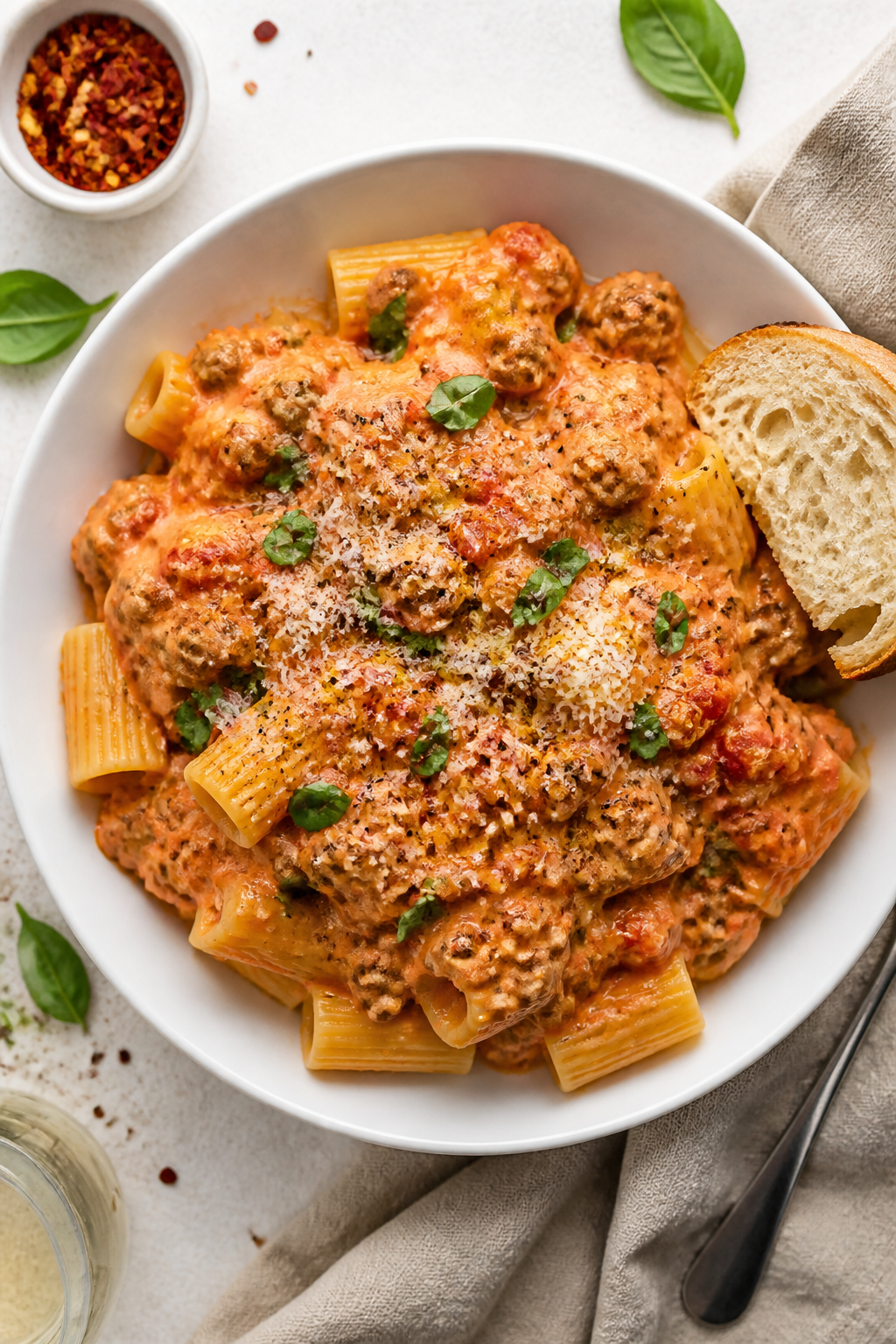 Final plated, overhead: Overhead shot of Creamy Tomato Basil Turkey Skillet spooned generously over