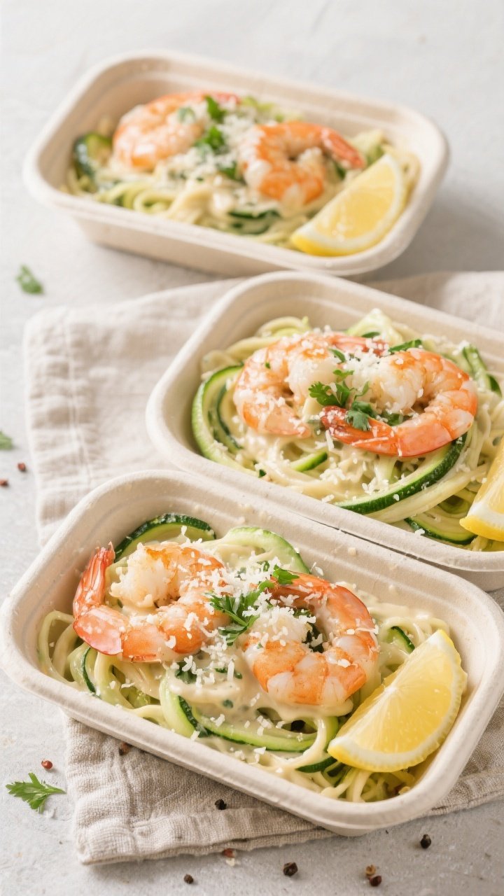 Final plated overhead: Overhead shot of Keto Shrimp Alfredo meal-prep containers neatly arranged—z