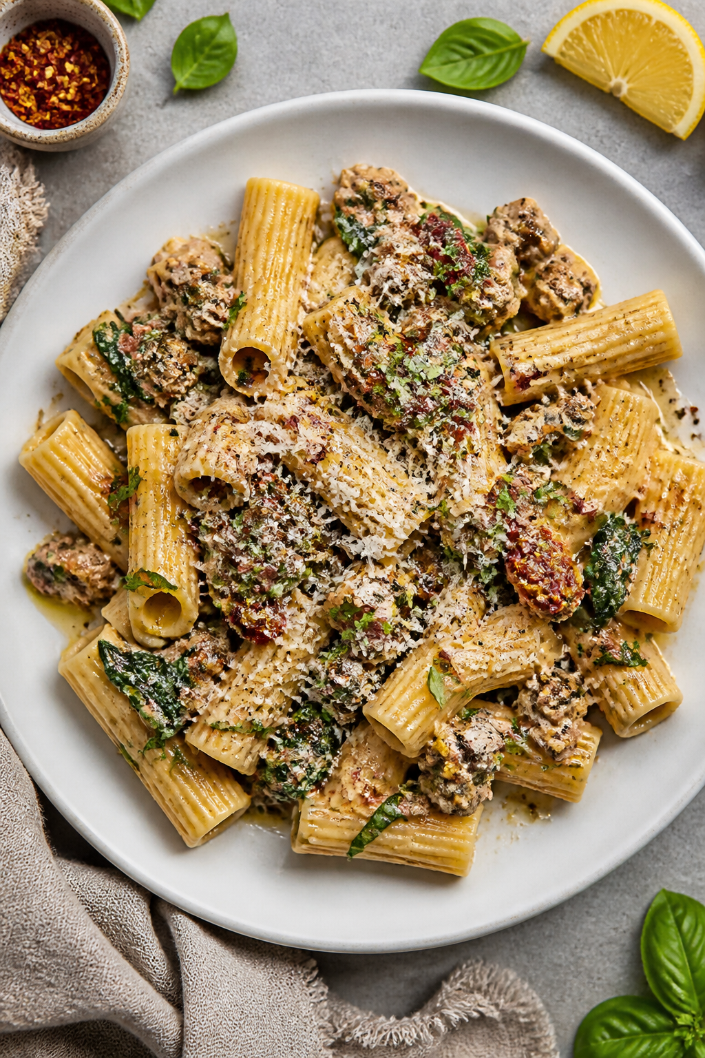 Final plated overhead: Tasty top-view of Creamy Tuscan Ground Turkey Skillet spooned over al dente r