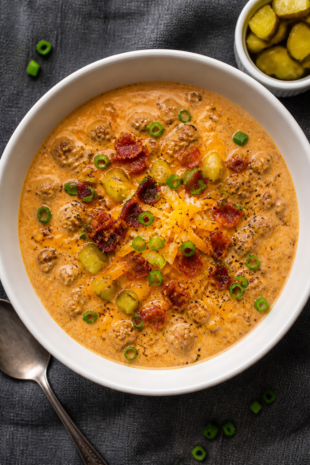Final plated overhead: Tasty top view of Keto Turkey Cheeseburger Soup in a matte white bowl on a ch
