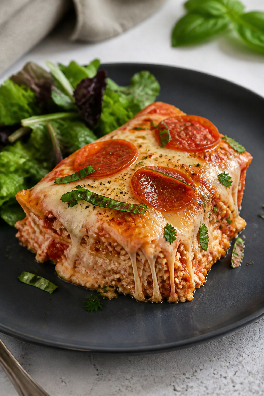 Final plated presentation: A generous square of Keto Turkey Pepperoni Pizza Bake served on a matte c
