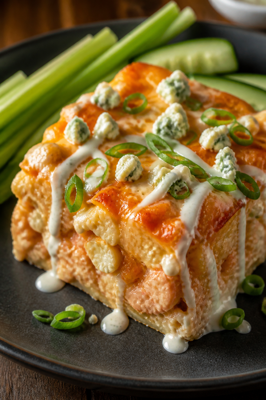 Final plated presentation: A generous square of the buffalo cauliflower bake served on a matte charc