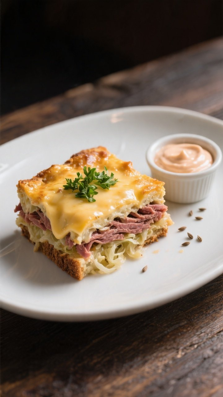 Final plated presentation: A single, generous square of Keto Reuben Casserole on a matte white plate