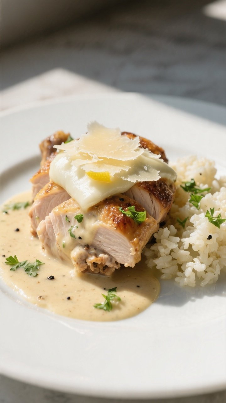 Final plated presentation, close-up: Sliced juicy chicken thigh napped in thick, silky garlic-lemon 