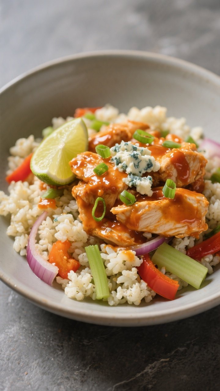 Final plated presentation: Restaurant-quality bowl of Buffalo Chicken Cauliflower Rice—tender caul