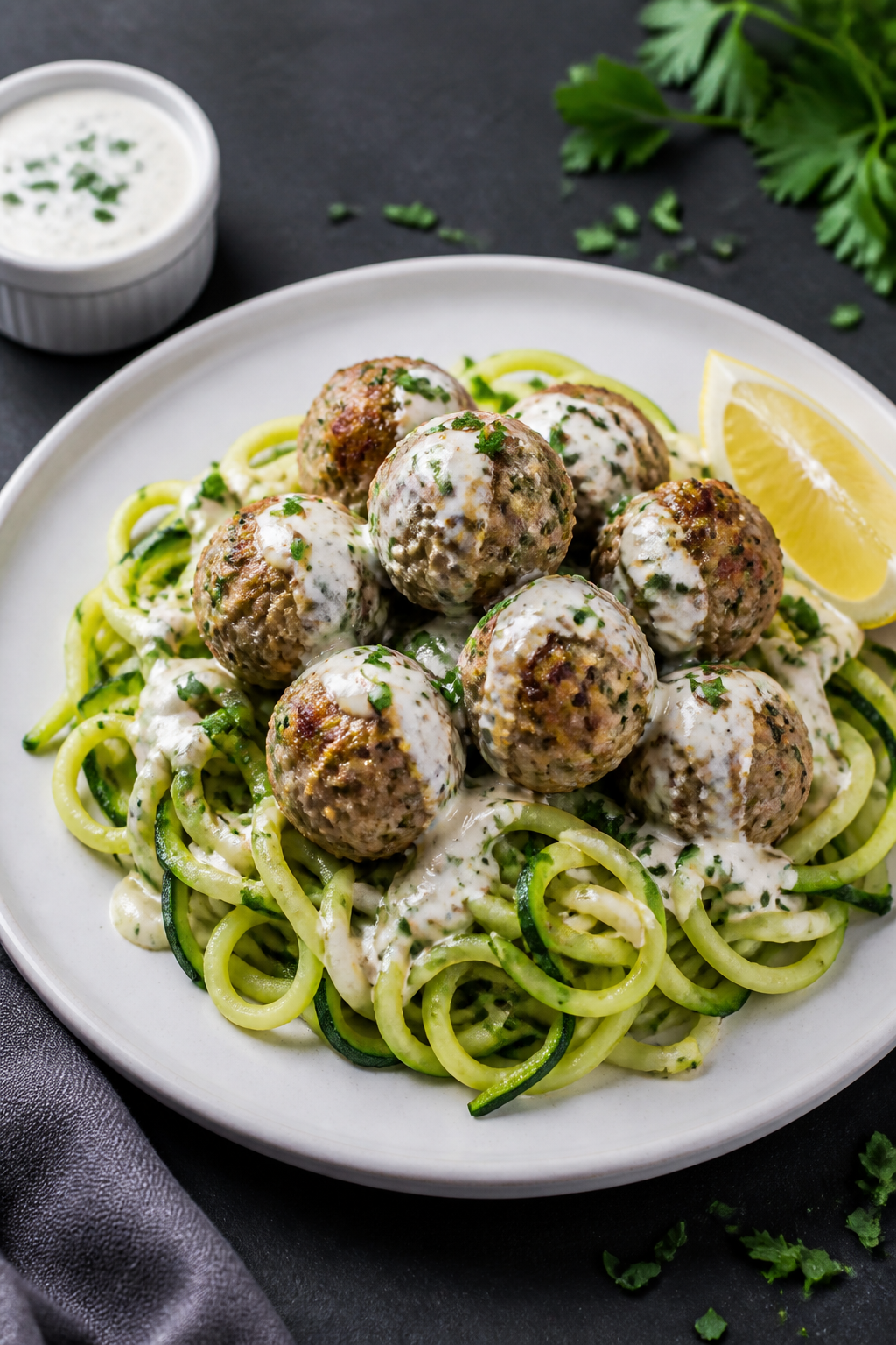 Final plated presentation: Restaurant-quality plate of Keto Garlic Ranch Meatballs nestled over glos