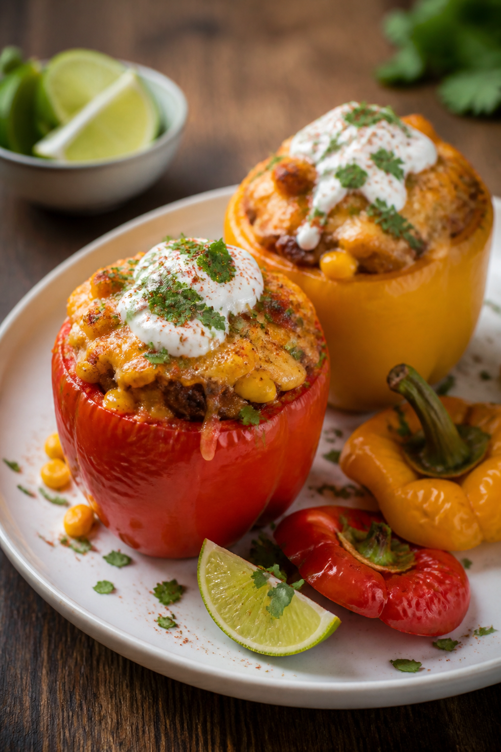 Final plated presentation: Restaurant-quality plate with two vibrant red and yellow stuffed peppers 